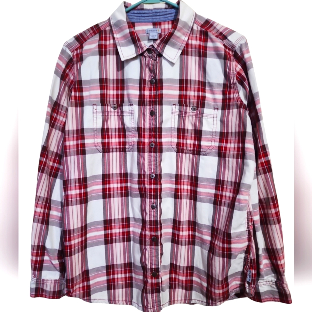Carhartt 100% cotton button-down long sleeve shirt red white plaid women's Large